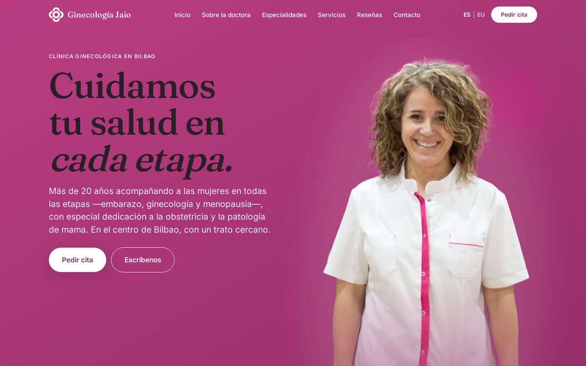 Portada de la web de Ginecología Jaio: Cuidamos tu salud en cada etapa, con la foto de la doctora y el botón Pedir cita