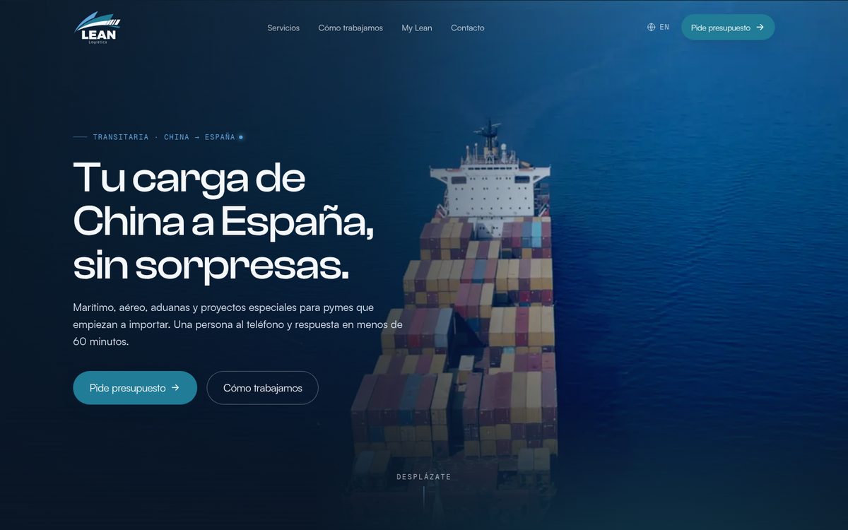 Web de Lean Logistics, transitaria China–España con sede en Bilbao: portada con buque portacontenedores