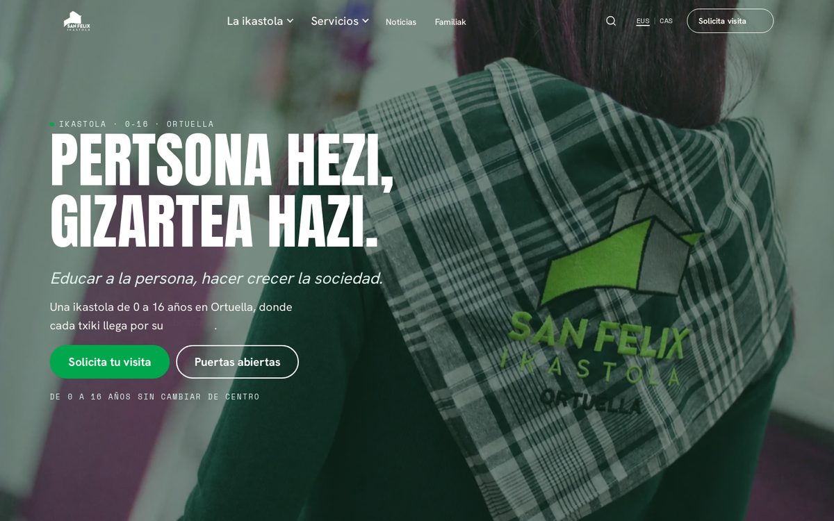 Portada de la web de San Felix Ikastola con el lema Pertsona hezi, gizartea hazi